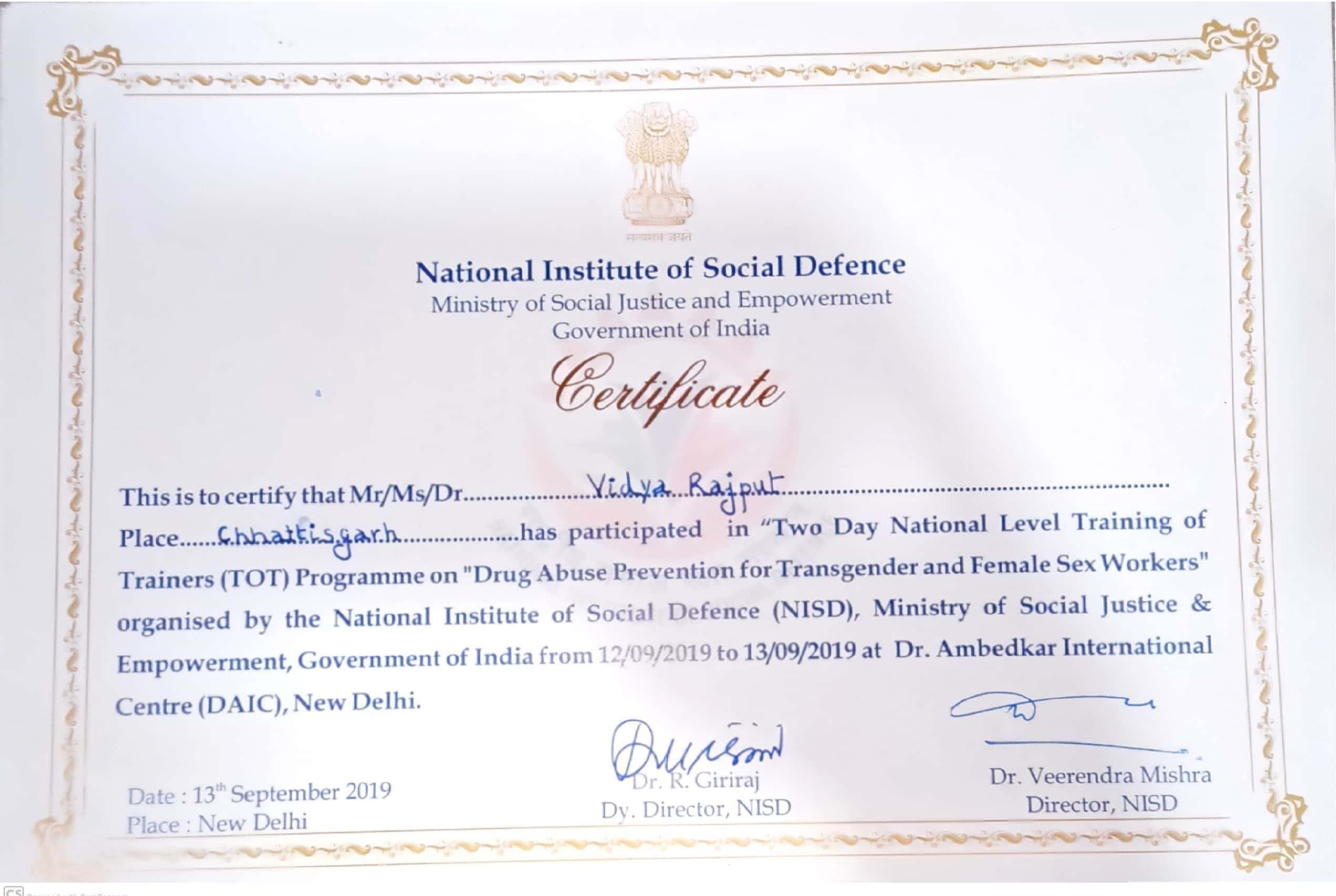 National Institute of Social Defence (NISD) - TOT Training